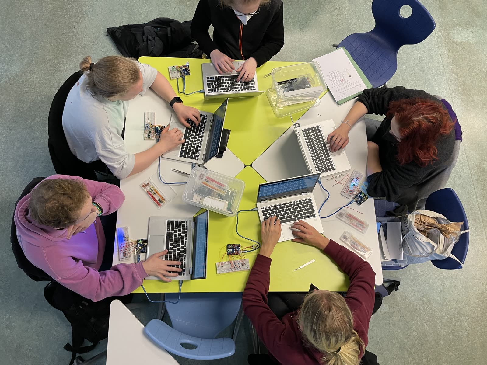 Mehrere Schüler:innen arbeiten von oben gesehen an einem Gruppentisch mit Laptops und Bauteilen
