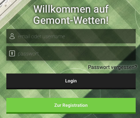 Login-Seite des Tippspiels mit Feldern für E-Mail oder Nutzername und Passwort sowie Buttons für Login und Registrierung