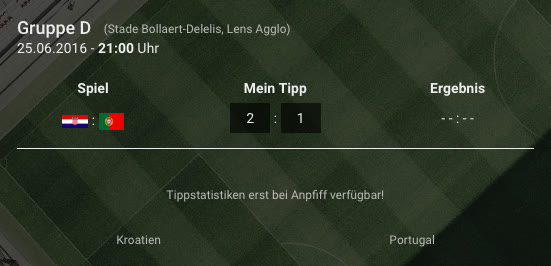 Spielkarte Kroatien gegen Portugal mit eingetragenem Tipp 2:1 vor Anpfiff